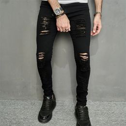 Streetwear Men Stylish Holes Black Skinny Jeans Male Spring Jogging Casual Pencil Denim Pants Mens Trousers 240227