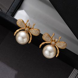 French Spring Fashion earring full diamonds bee pearl ear studs Designer Jewellery E2024-12