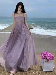 Vintage Spaghetti Strap Purple Long Dresses for Women Summer Sexy Tulle Pleats Fairy Evening Party Backless Female Clothing240305