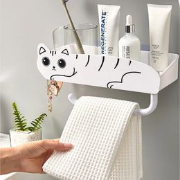 Kawaii Cat Bathroom Shelf Organiser Punchfree Storage Rack With Hooks Shampoo Shower Accessory 240228
