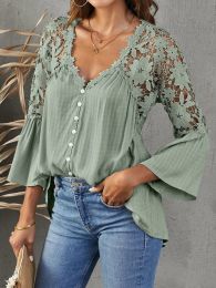 Shirt Boho Lace Blouse Women Elegant Hollow Out Shirts Female Vintage Flare Sleeve Tops Ladies Summer Sexy See Through Backless Blusas