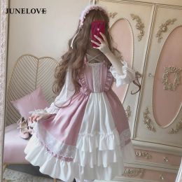 Dress Alice In Wondeland Cute Women's Lolita OP Dress Flouncing Lace Trim Japanese Harajuku Long Sleeves Doll Dress Fairy Vestidos