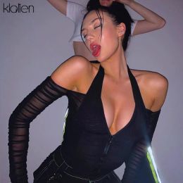 Shirt KLALIEN fashion sexy Vneck mesh patchwork shirt women Strapless long sleeve crop top 2020 hot sale club party night shirt mujer