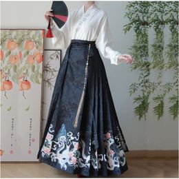 Polyester Chinese Ming Moon Hanfu Vintage Women Colorful Blue Pleated MaMian Skirt Airplane Sleeve 240220