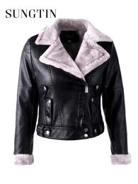 Jackets Sungtin New Design Womens Leather Jacket Faux Fur Moto Coat Fashion Streetwear Autumn Winter Basic Jacket Female Outerwear