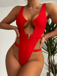 Swimwear Solid High Leg Cut Swimwear Women One Piece Swimsuit Sexy Monokini Bandage Bathing Suit Micro Swimsuit Thong Plunge Swimwear