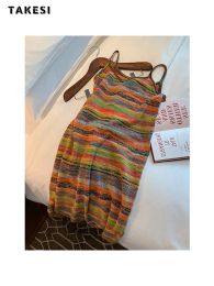 Dress 2023 Summer Vintage Sexy Backless VNeck Rainbow Knitting Suspender Dresses For Women High Waist Hotsweet Beach Club Dress