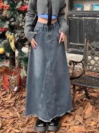 Skirt Vintage Denim Maxi Skirts Casual Y2k Fashion Elegant Streetwear Lady Clothes Autumn Winter 2023 Button Zipper Slit Long Skirt