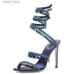 Dress Shoes Sandals Summer New Women Shiny Rhinestone S-Shaped Ankle Winding Crystal Strap Snake Shaped Sexy Fine High Heel Party CatwalkH2435