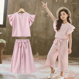 Clothing Sets 2024 Summer Clothes Set Girls Children Striped Outfits Short-sleeved Tops Wide Leg Pants Kids 5 6 7 8 9 10 11 12 Year