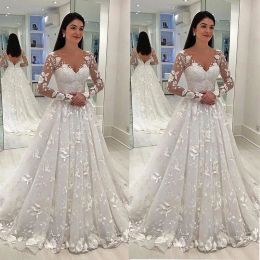 Dress Women Summer Ladies Wedding Dresses High Waist Luxury Lace Vneck Long Sleeve Perspective White Dress Wedding Bridesmaid Vestido