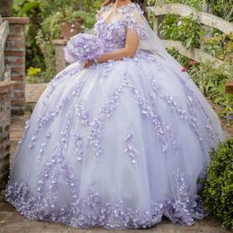 Lilac Off The Shoulder 3D Flowers Ball Gown Quinceanera Dresses Ruffles Sequined Appliques Lace Beads Corset Vestidos De 15 Anos
