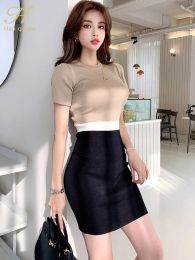 Dress H Han Queen Oneck Colorblock Elegant Pencil Dress Women Simple Slim Elastic Knitted Sheath Bodycon Dresses Office Wear Vestidos