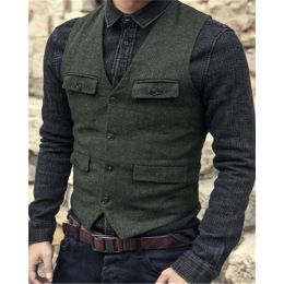 Vests Men's Suit Vest Brown Burgundy Herringbone Wool Tweed Vintage Steampunk Waistcoat Formal Business Vests for Men Wedding 2023