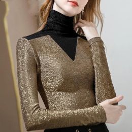 Pullovers Autumn winter turtleneck sequin gold long sleeve jumpers Splicing warm slim plus size women tops pullovers