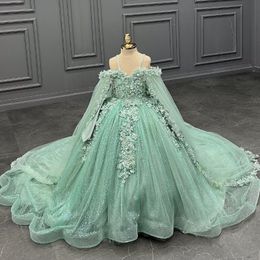 Light Green Shiny Quinceanera Dress Off The Shoulder Beading Appliques Lace With Cape Ball Gown Birthday Formal Party Gown Robes De Soiree