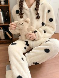 Women's Sleepwear Winter Women Coral Fleece Wave Point Pajama Sets Hooded Vintage Suit 2 Piece Thickening Night Wears Home Clothes