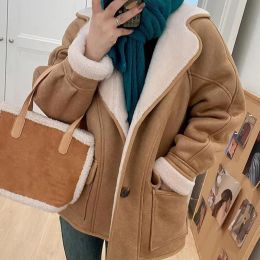 Jackets Retro Motorcycle 100% Wool Lamb Suede Fur Fur Jacket for Women New Loose Version Winter