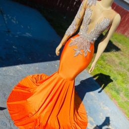 New Orange Prom Dress Sheer Neck Appliques Beads Long Satin Evening Gowns Black Girls Graduation Occasion Wears