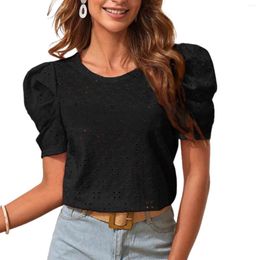 Women's Blouses Summer Short Sleeve Tops Solid Color Puff Crew Neck Hollow Casual T-shirt Office Lady Clothes