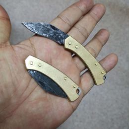 Damascus Steel Mini Brass Handle Unlocking Small Folding Gift Fruit Knife 387474