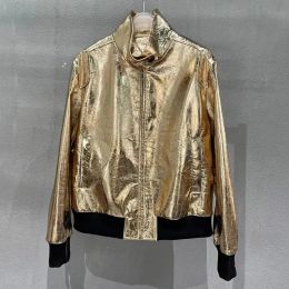 Jackets 2023 New Style Lady Luxury Leather Jacket Trouser Set Fashion Gold Silver Colour Sheepskin Coat Elastic GT5482