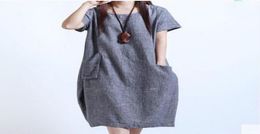cotton linen dresses summer short sleeves women039s clothes Korean loose slimming plus size dress M5XL high quality solid casu6946056