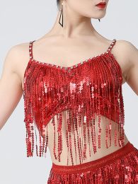 Camis Sexy Women Sequin Tassel Crop Top Shiny Rave Party Vneck Cross Back Padded Bra Top Belly Dance Costume