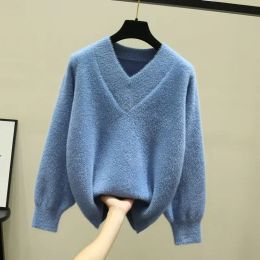 Pullovers Faux Mink Velvet Vneck Knitted Sweater Women Loose Here Simple Commuter Fashion Stretch Bottoming Sweater Pullover Femal Spring
