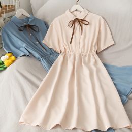 Dress Dress Women Chiffon Bow Solid High Waist Turndown Collar Preppy Style Kawaii Ulzzang Popular Temperament Girls Summer Holiday