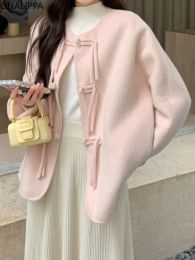 Blends Onalippa Tassel Buttons Pink Wool Coat Women Solid Single Breasted Loose Jackets Korean Fashion Sweet Kawaii Trench Coats