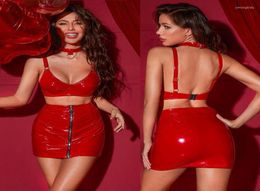 Work Dresses Women Red PU Leather Latex Sexy Bra Tops And Zipper Mini Skirt Two Piece Suit Ladies Pole Dance Clubwear Rave Festiva7525628