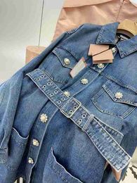 designer Shenzhen Nanyou high end Miu home autumn and winter blue washed Personalised denim dress with diamond belt 5H3Q