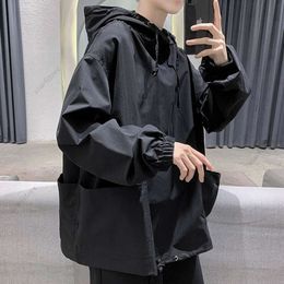 Trendy brand dark mens hoodie solid color thin Korean loose top mens style hooded functional outerwear