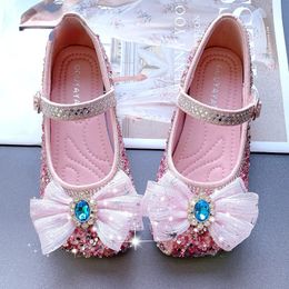 Весенне-осенняя обувь принцессы для девочек, детская кожаная обувь с бантом в иностранном стиле, туфли для маленьких девочек со стразами, 240304