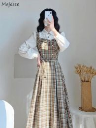 Dress Dresses Women Autumn New Arrival Plaid Vintage French Style Fake Two Pieces Vestidos De Mujer Allmatch College Tender Casual