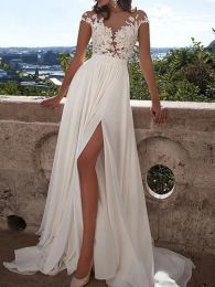 Dress 2024 Sexy Lace Split Evening Dress Spring Summer Women Short Sleeve Dress Fashion Floorlength Wedding Dress White Party Dress