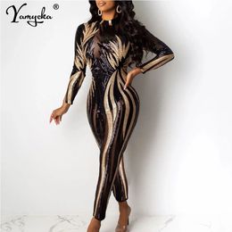 Sexy see through black Sequin bodycon jumpsuit women summer birthday party club outfits jumpsuits Long sleeve bodysuit overalls 240305