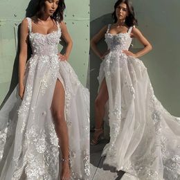 2024 Summer Beach Lace Wedding Dresses Sexy Side Split Appliques Spaghetti Organza Bridal Gowns Long Train Floral Bohemian Bride Dress Robe De Mariee