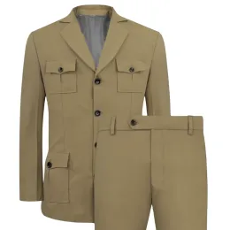 Suits Men's Jakcet Casual Khaki 2 Piece Classic Fit Blazer 4 with Real Pockets Suit for Men Daily Wear Big And Tall Male Clothing Set