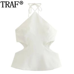 Camis TRAF Cut Out White Top Female Off Shoulder Halter Crop Top Women Streetwear Summer Tops For Women Backless Sexy Beach Top Woman