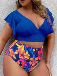Set Plus Size Ruffle Sleeves High Waist Bikini Women's V Neck Push Up Large Size Swimsuit 2023 Mujer Big Size Tummy Control Swimwear