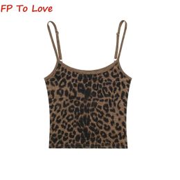 Camis Y2K Summer American Hot Girl Style Retro Leopard Print Camisole Slim Ultra Short Umbilical Corset Spaghetti Straps Tank Tops