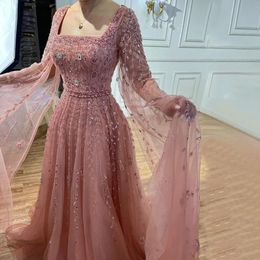 Serene Hill Muslim Pink A Line Square Collar Beaded Luxury Dubai Evening Dresses Gowns For Women Wedding Party LA71803A 240221