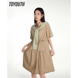 Dress Toyouth Women Fake Two Piece Dress 2023 Summer Short Sleeve Polo Neck Ashape Drawstring Waistband Stripe Pleated Design Skirt