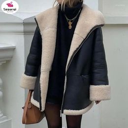 Women's Leather SEPARQI Fashion Autumn Fur Coat Women Winter Long Sleeve Velvet Lapels Female Coats 2024 Streetwear Black Engine Ladies