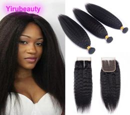 Malaysian Virgin Human Hair Yaki Straight Natural Colour 828inch Bundles With 4 X 4 Lace Closure Middle Three Part9140989