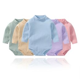 born Baby Clothes 0 To 24 Months Boys Grils High Collar Long Sleeve Cotton Pure Colour OnePiece Fart Wrap Crawling BodySuit 240220