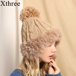 Xthree Knitted Winter Ear flaps Caps Women Rabbit Fur Bomber Hat Ear Flap Cap Casual Winter Trapper Hats Female Russian Hats G0923270B