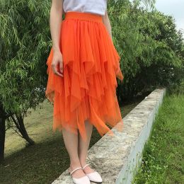 skirt Women's skirt tulle Faldas Mujer Moda 2020 Elastic High Waist Mesh Pleated Midi Tutu sexy short skirts for women fashion Orange